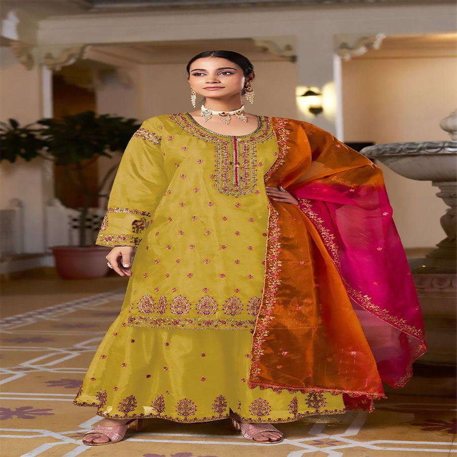 Yellow Organza Casual Suit